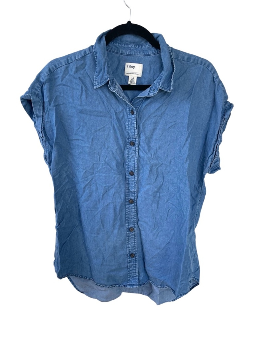 Tilley Blue Chambray Denim Oversized Button-Up Short Sleeve Blouse L